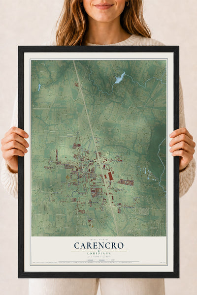 Map of Carencro, Louisiana, 18 x 24 inch print in a black wood frame