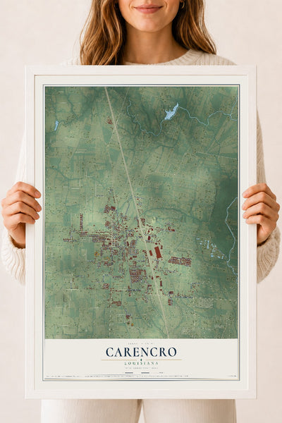 Map of Carencro, Louisiana, 18 x 24 inch print in a white wood frame