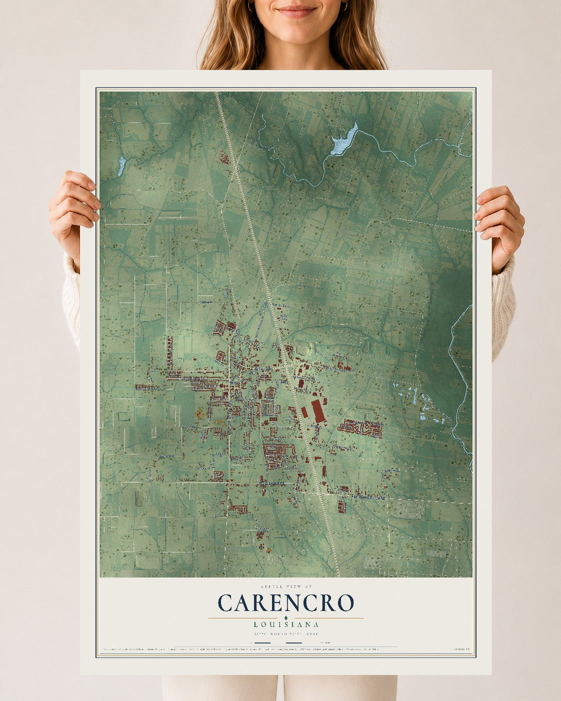 Map of Carencro, Louisiana, 24 x 36 inch unframed archival matte print