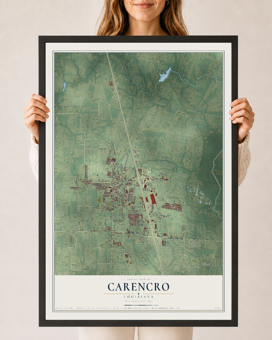 Map of Carencro, Louisiana, 24 x 36 inch print in a black wood frame