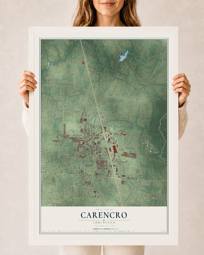 Map of Carencro, Louisiana, 24 x 36 inch print in a white wood frame