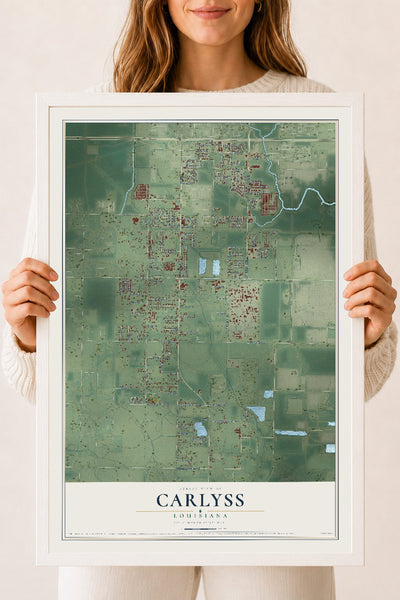 Map of Carlyss, Louisiana, 18 x 24 inch print in a white wood frame
