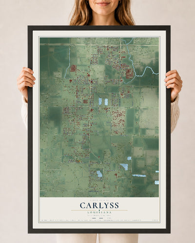 Map of Carlyss, Louisiana, 24 x 36 inch print in a black wood frame