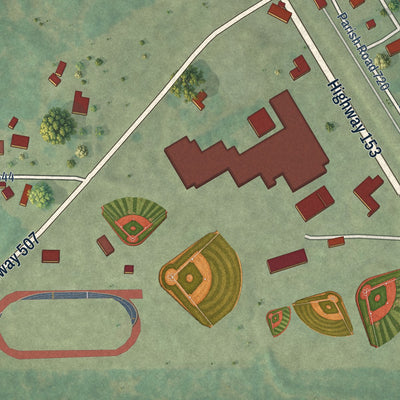 Close-up of the map of Castor, Louisiana print showing street and building detail