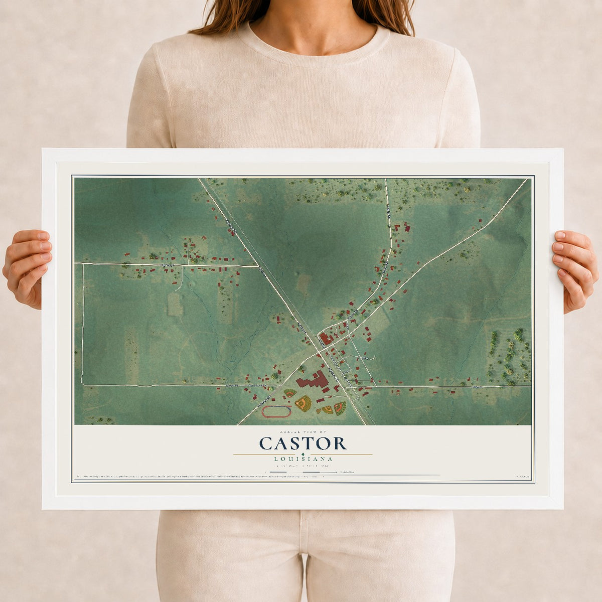 Map of Castor, Louisiana, 12 x 18 inch print in a white wood frame