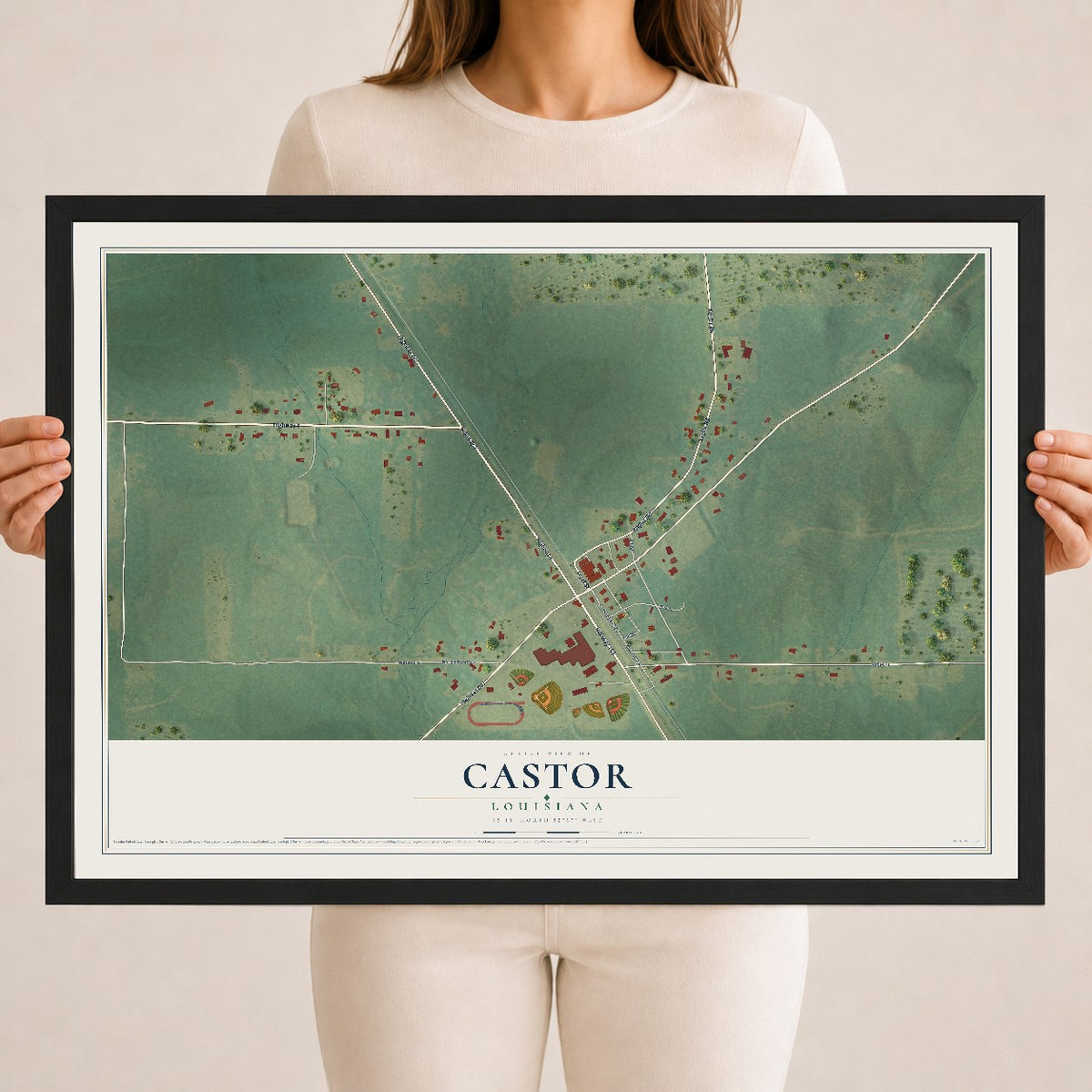 Map of Castor, Louisiana, 18 x 24 inch print in a black wood frame