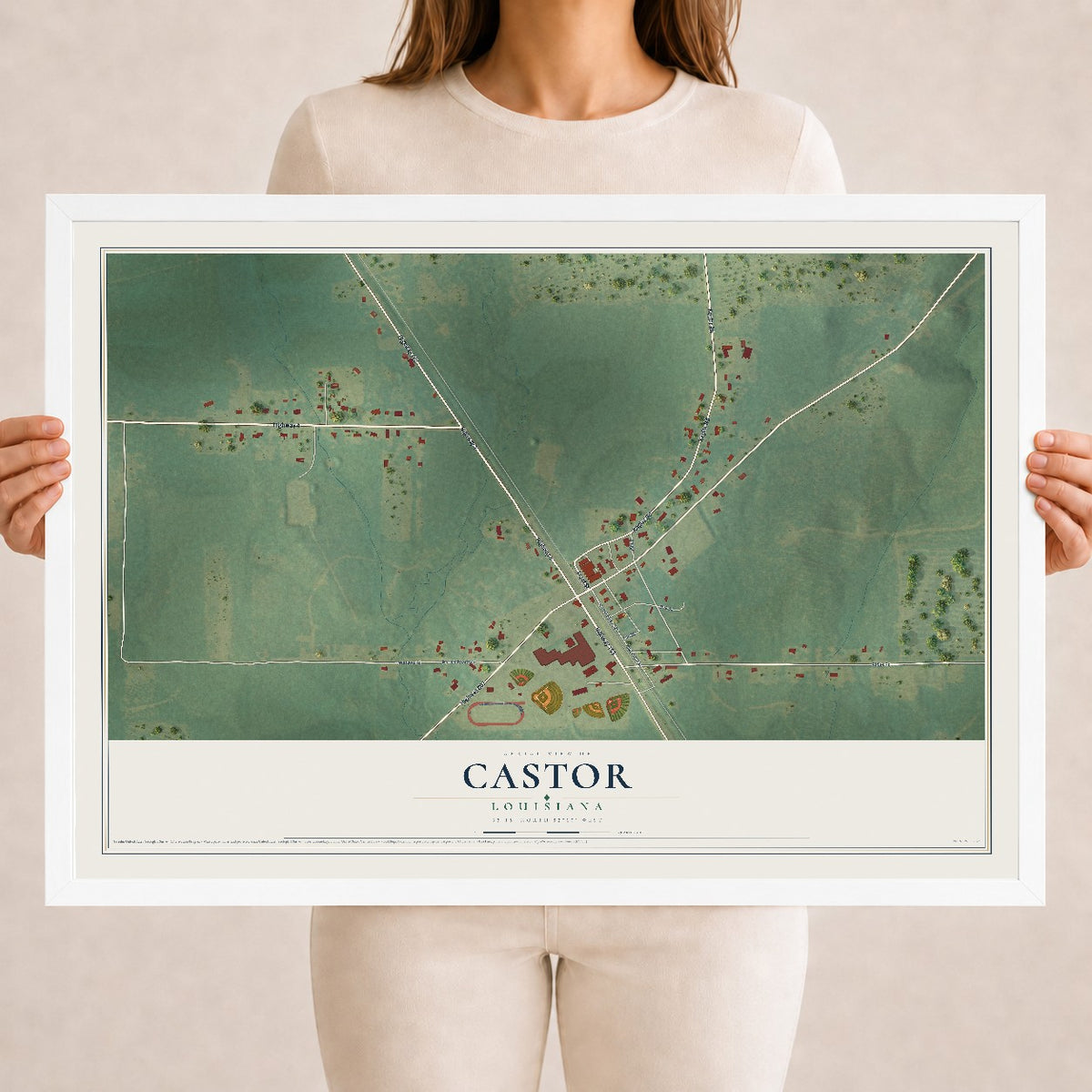 Map of Castor, Louisiana, 18 x 24 inch print in a white wood frame
