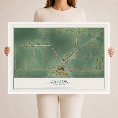 Map of Castor, Louisiana, 24 x 36 inch print in a white wood frame