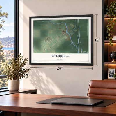 Catahoula, Louisiana map, 18 x 24 inch print in a black frame in a home office