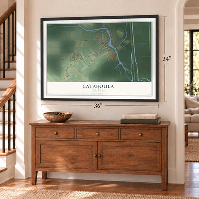 Catahoula, Louisiana map, 24 x 36 inch print in a black frame above a dresser by a staircase