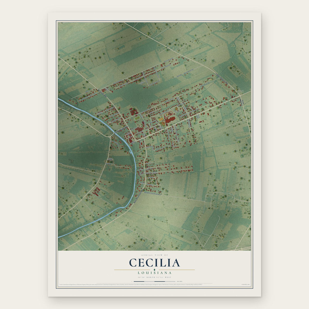 Cecilia, Louisiana map print, the full design