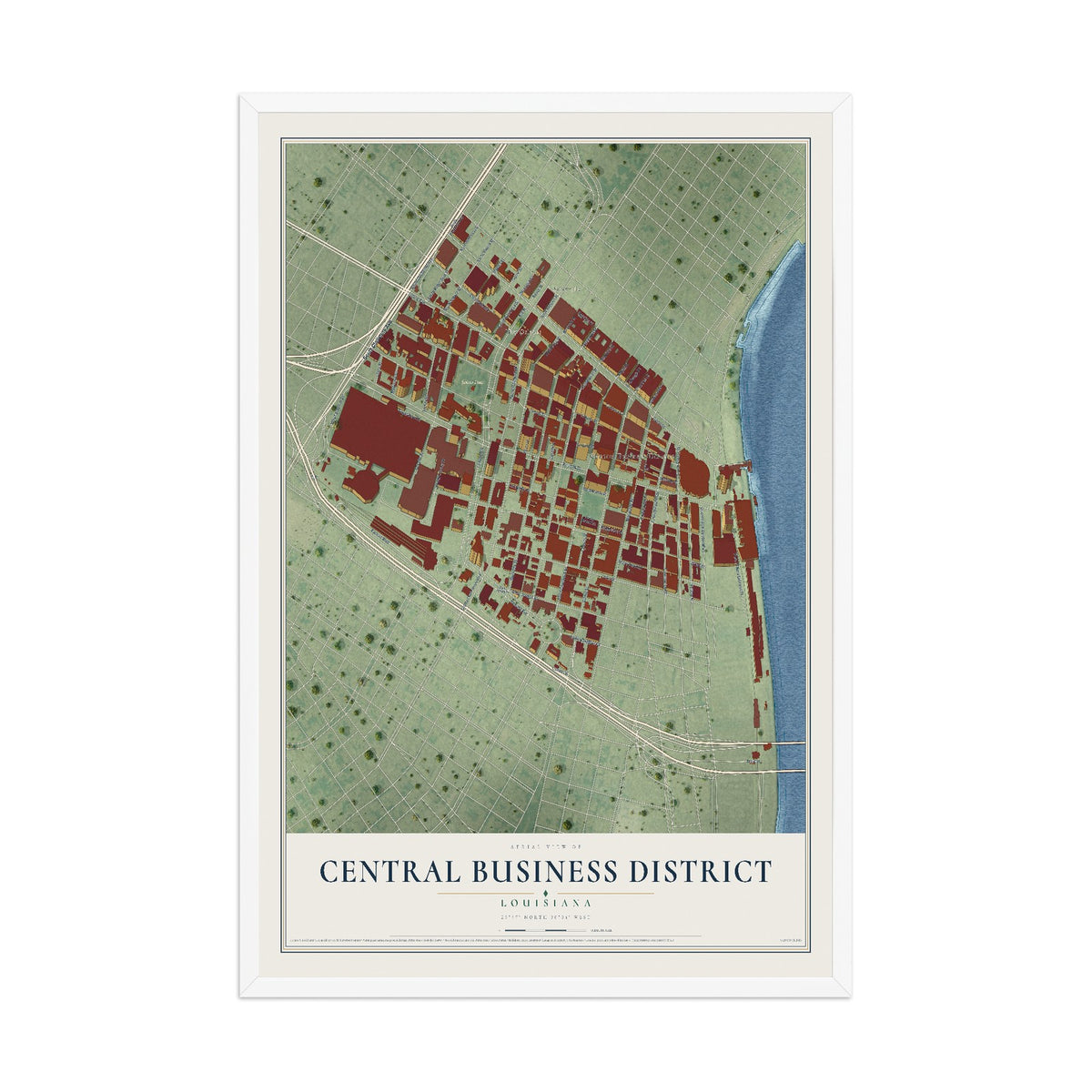 Map of Central Business District, Louisiana, 12 x 18 inch print in a white wood frame