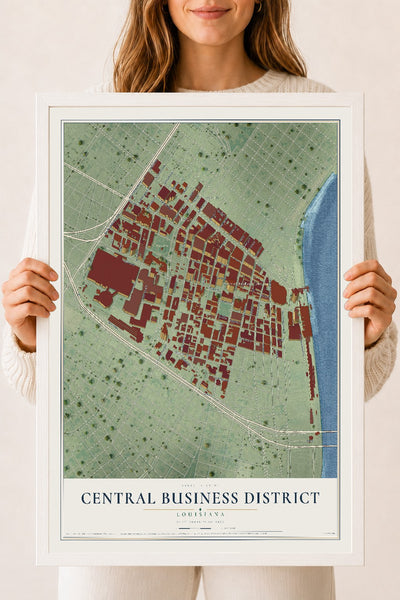 Map of Central Business District, Louisiana, 18 x 24 inch print in a white wood frame