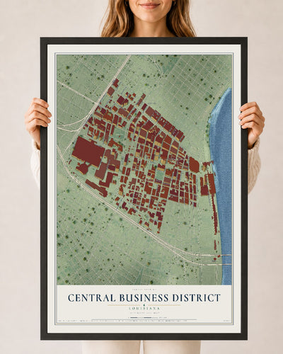 Map of Central Business District, Louisiana, 24 x 36 inch print in a black wood frame