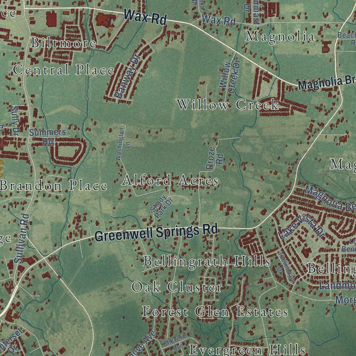 Close-up of the map of Central, Louisiana print showing street and building detail