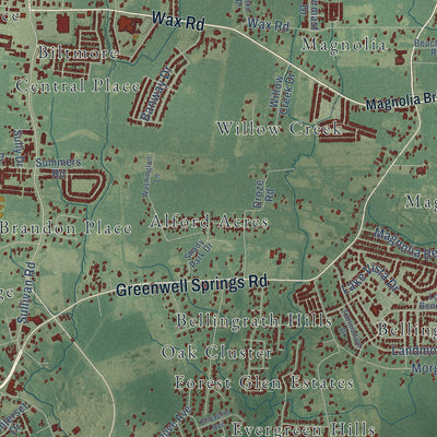 Close-up of the map of Central, Louisiana print showing street and building detail