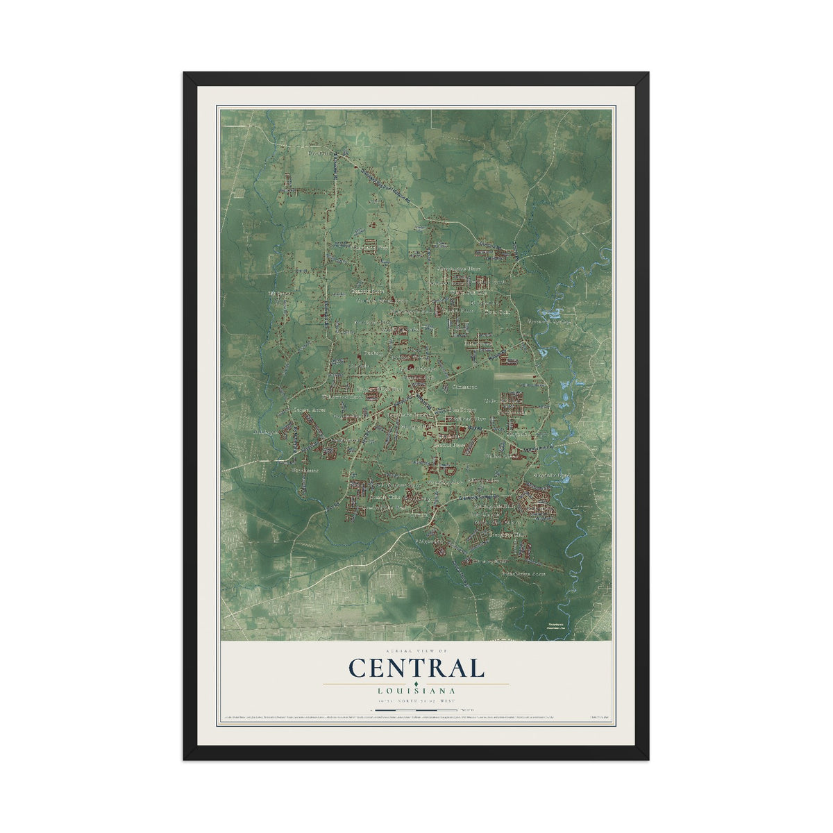 Map of Central, Louisiana, 12 x 18 inch print in a black wood frame