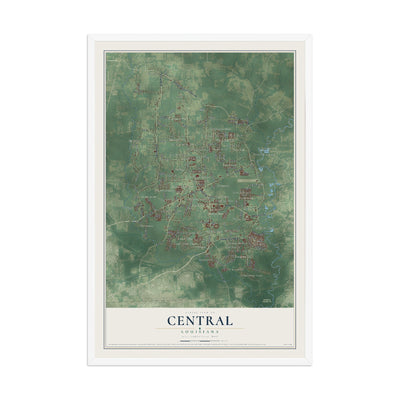 Map of Central, Louisiana, 12 x 18 inch print in a white wood frame