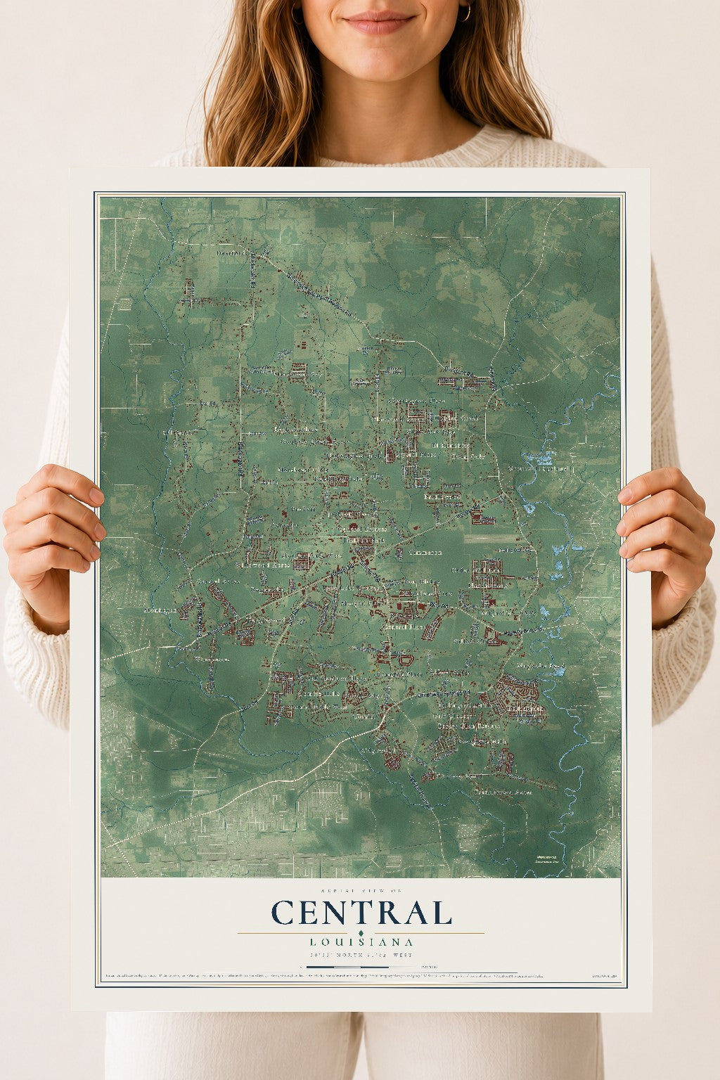 Map of Central, Louisiana, 18 x 24 inch unframed archival matte print