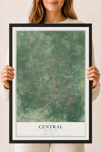 Map of Central, Louisiana, 18 x 24 inch print in a black wood frame