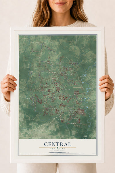 Map of Central, Louisiana, 18 x 24 inch print in a white wood frame