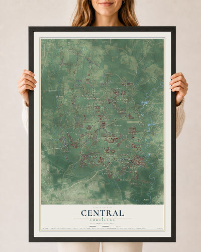 Map of Central, Louisiana, 24 x 36 inch print in a black wood frame