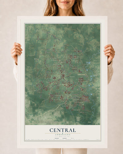 Map of Central, Louisiana, 24 x 36 inch print in a white wood frame