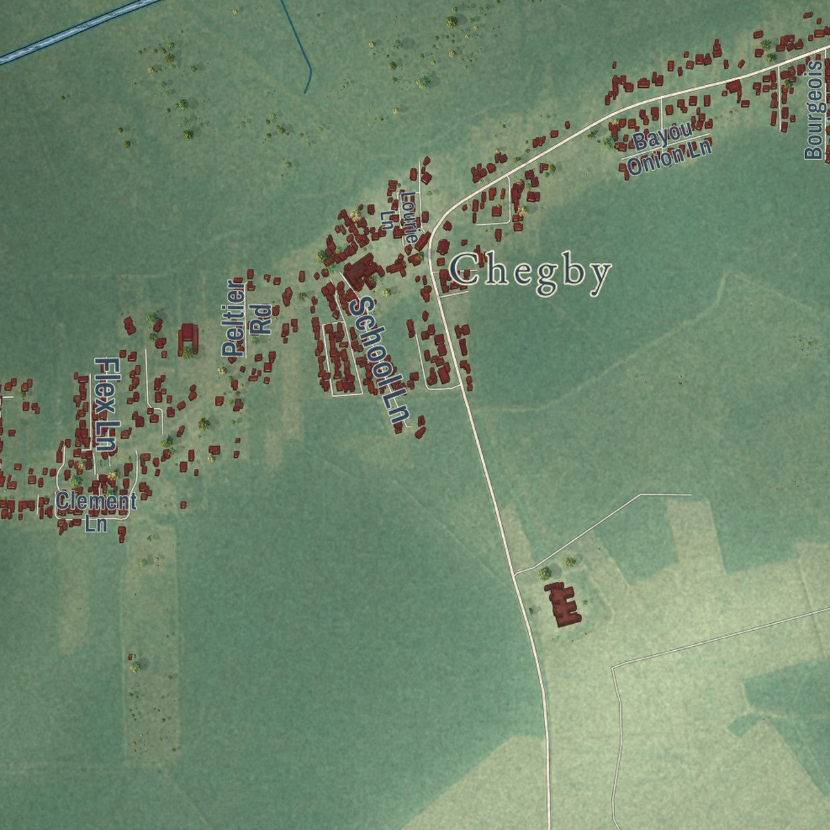 Second close-up of the map of Chackbay, Louisiana print showing more streets and buildings