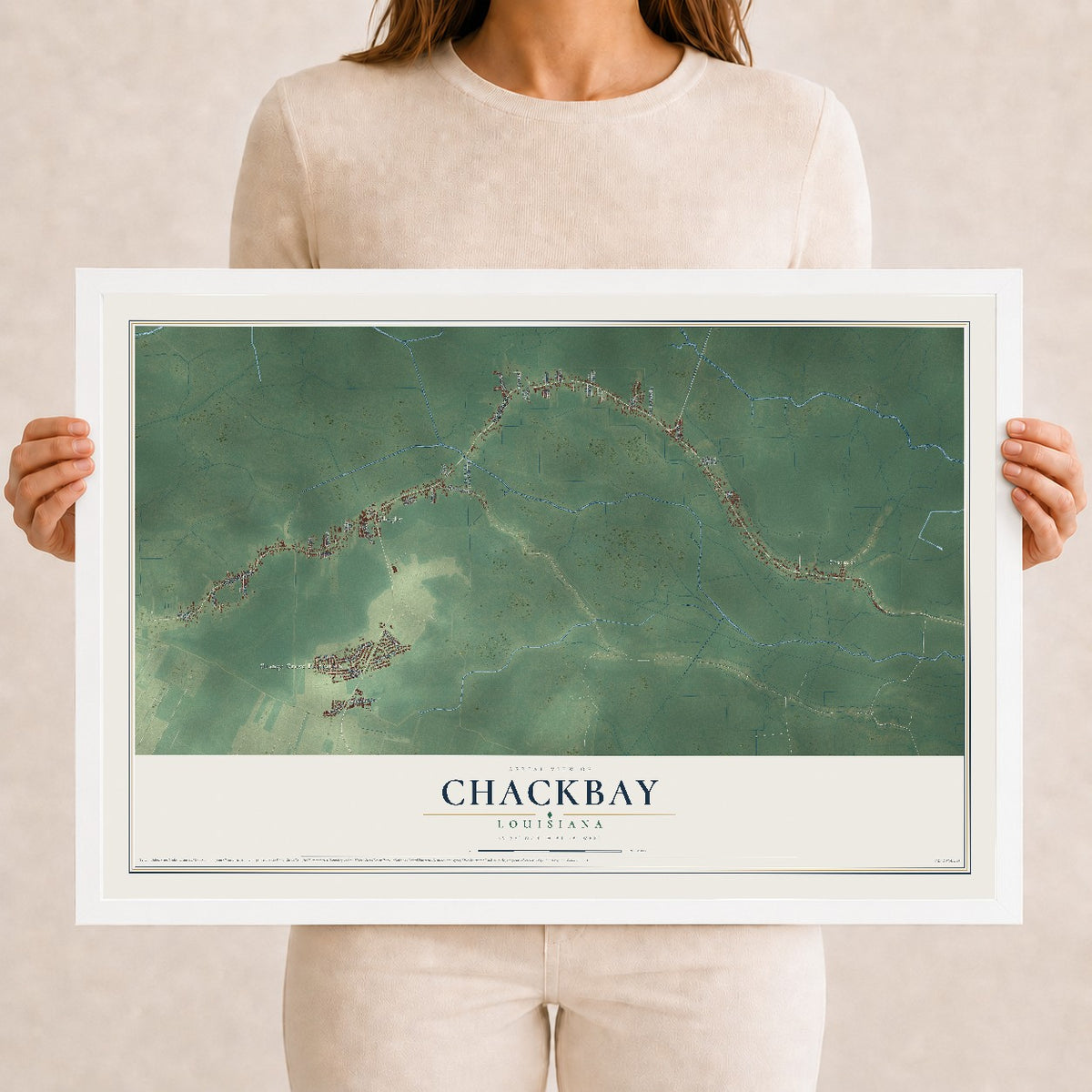 Map of Chackbay, Louisiana, 12 x 18 inch print in a white wood frame