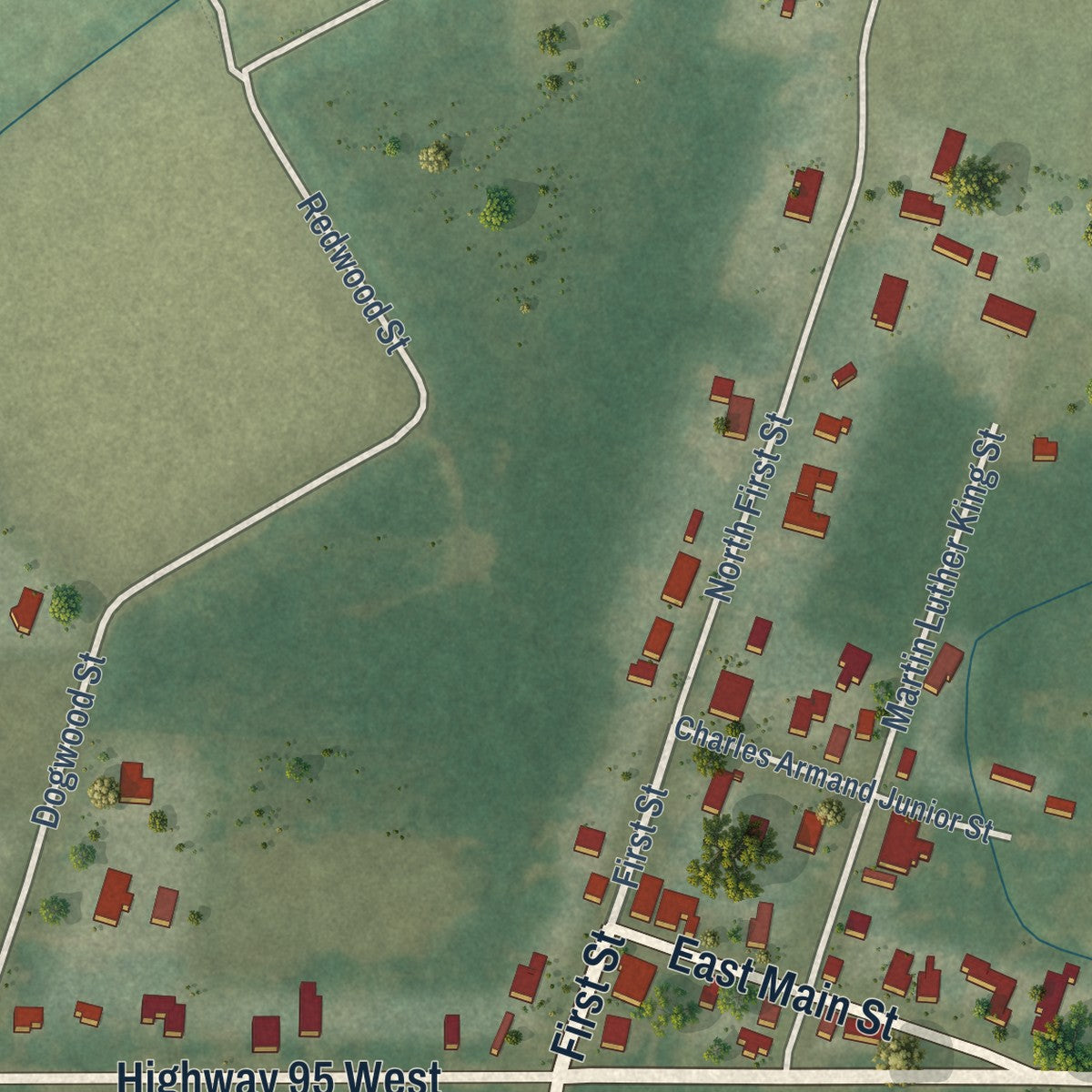 Second close-up of the map of Chataignier, Louisiana print showing more streets and buildings