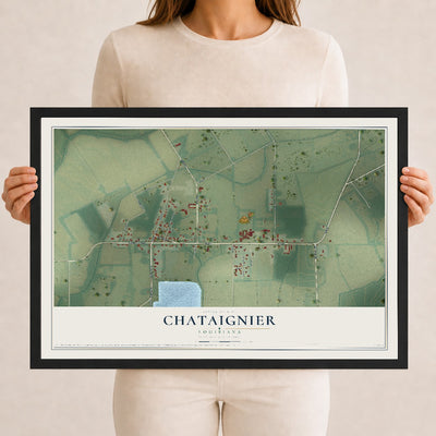 Map of Chataignier, Louisiana, 12 x 18 inch print in a black wood frame