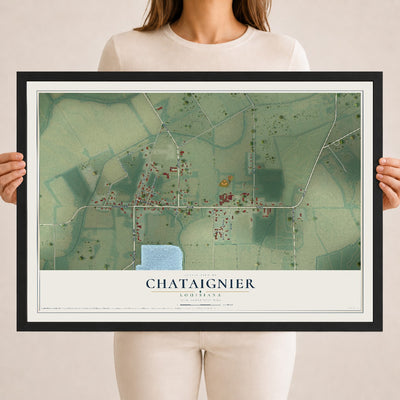 Map of Chataignier, Louisiana, 18 x 24 inch print in a black wood frame