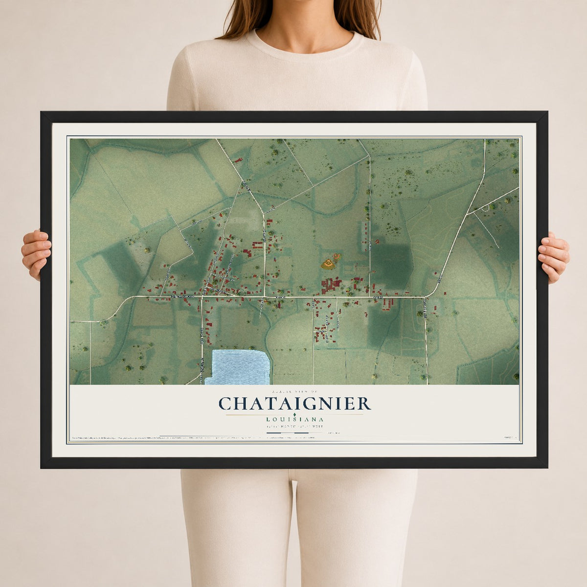 Map of Chataignier, Louisiana, 24 x 36 inch print in a black wood frame