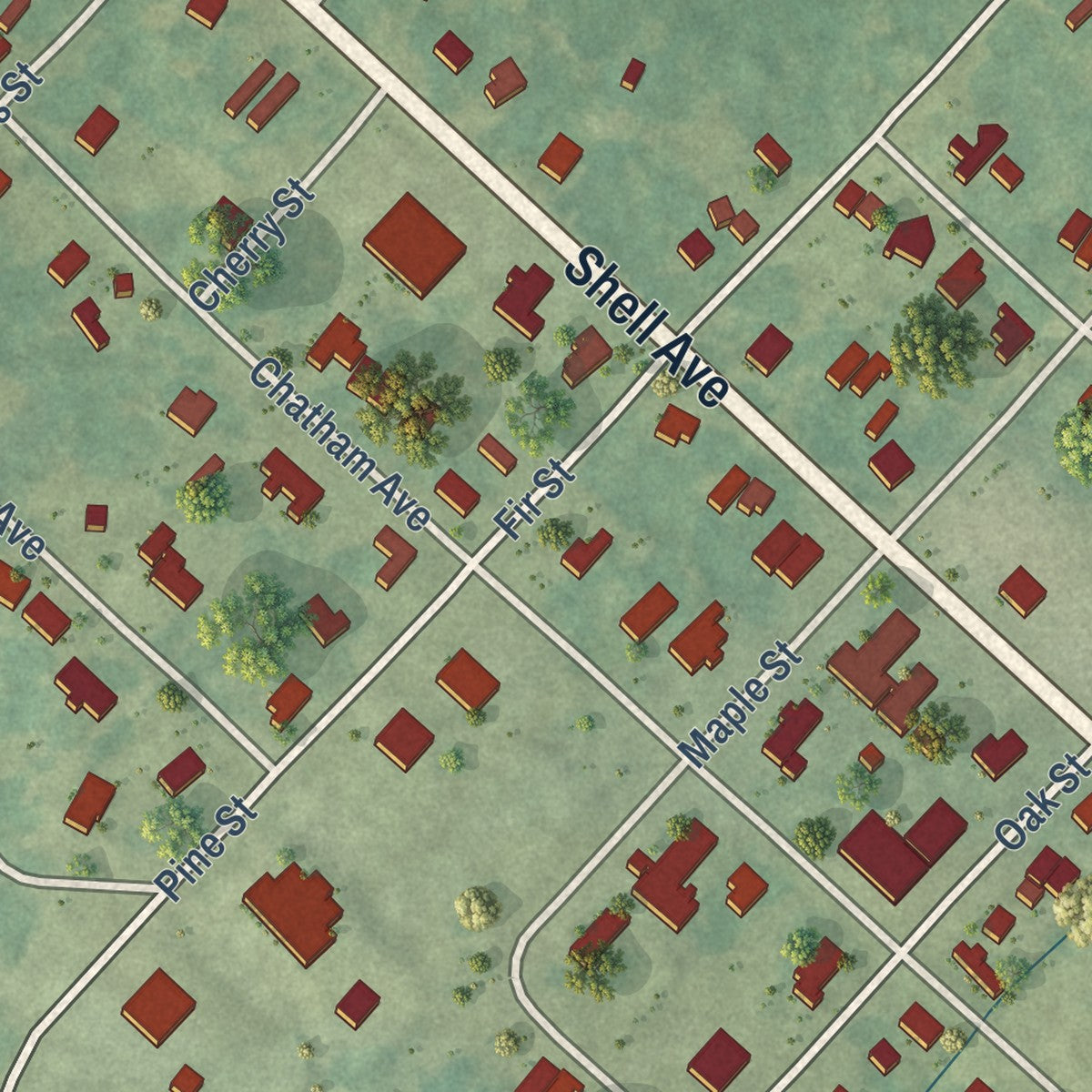 Close-up of the map of Chatham, Louisiana print showing street and building detail