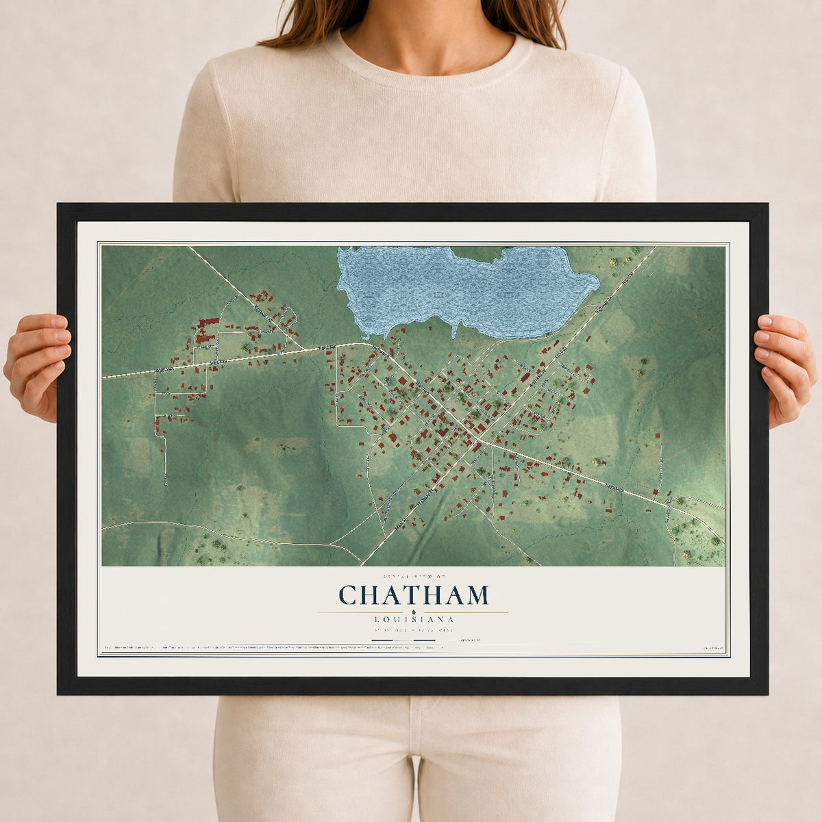 Map of Chatham, Louisiana, 12 x 18 inch print in a black wood frame