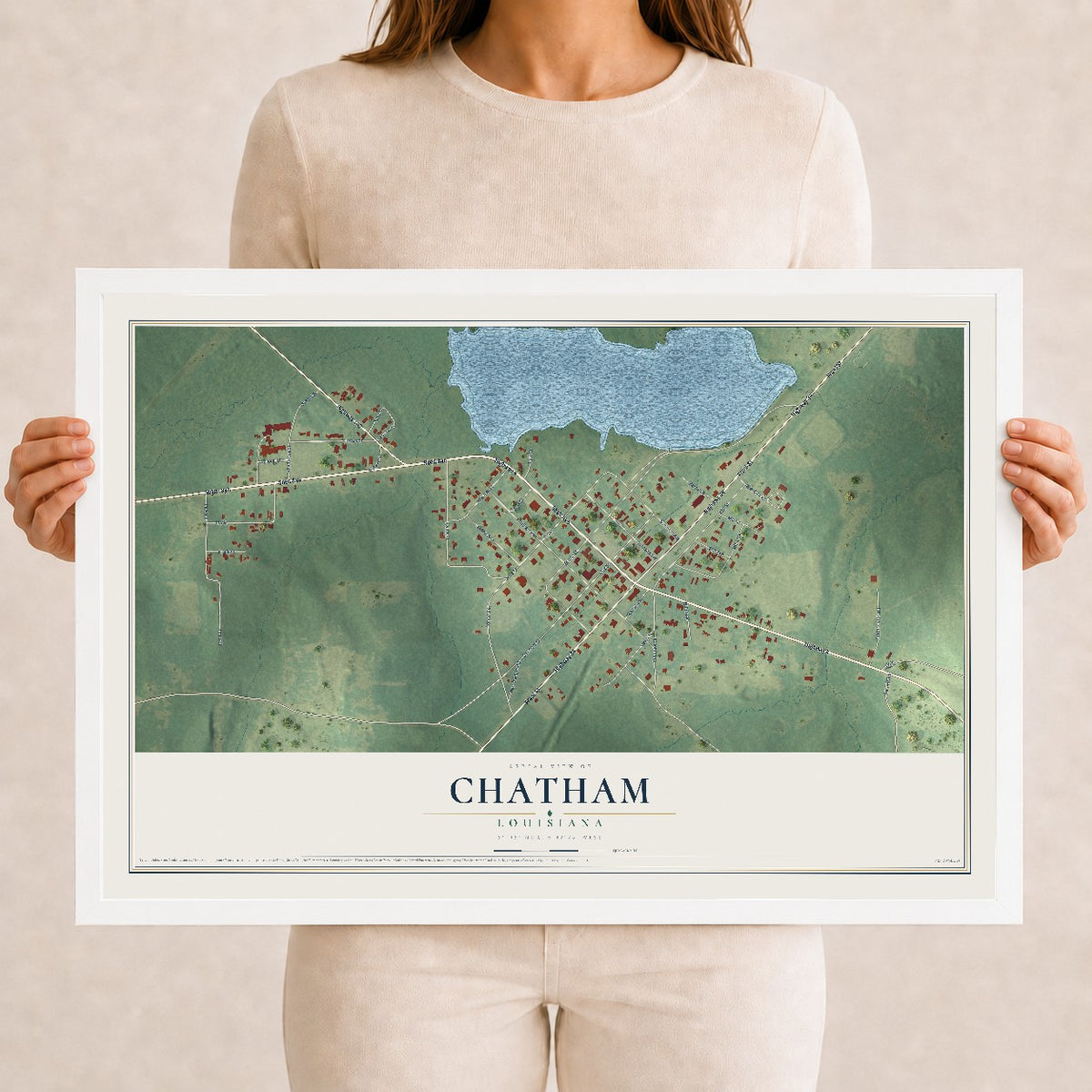 Map of Chatham, Louisiana, 12 x 18 inch print in a white wood frame