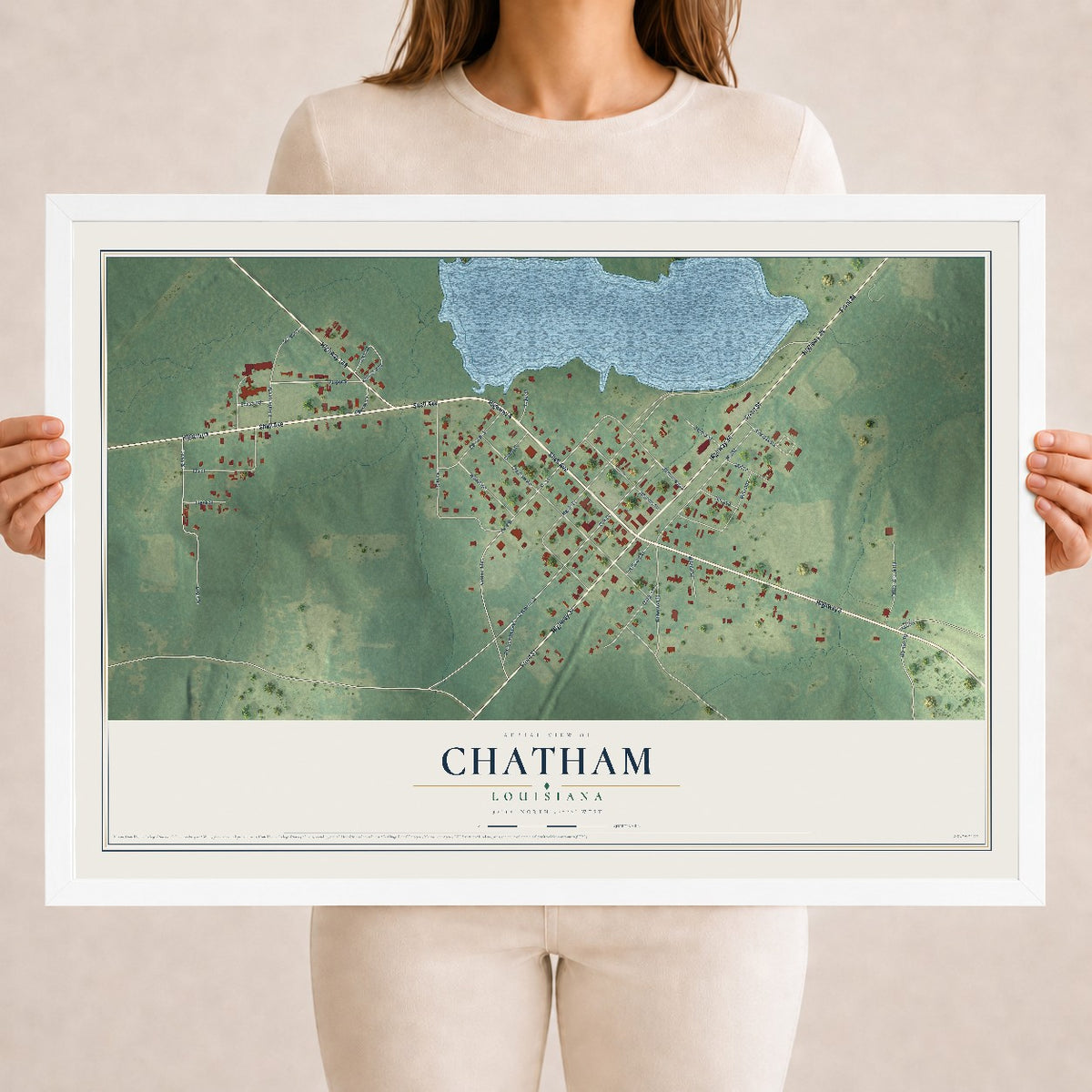 Map of Chatham, Louisiana, 18 x 24 inch print in a white wood frame