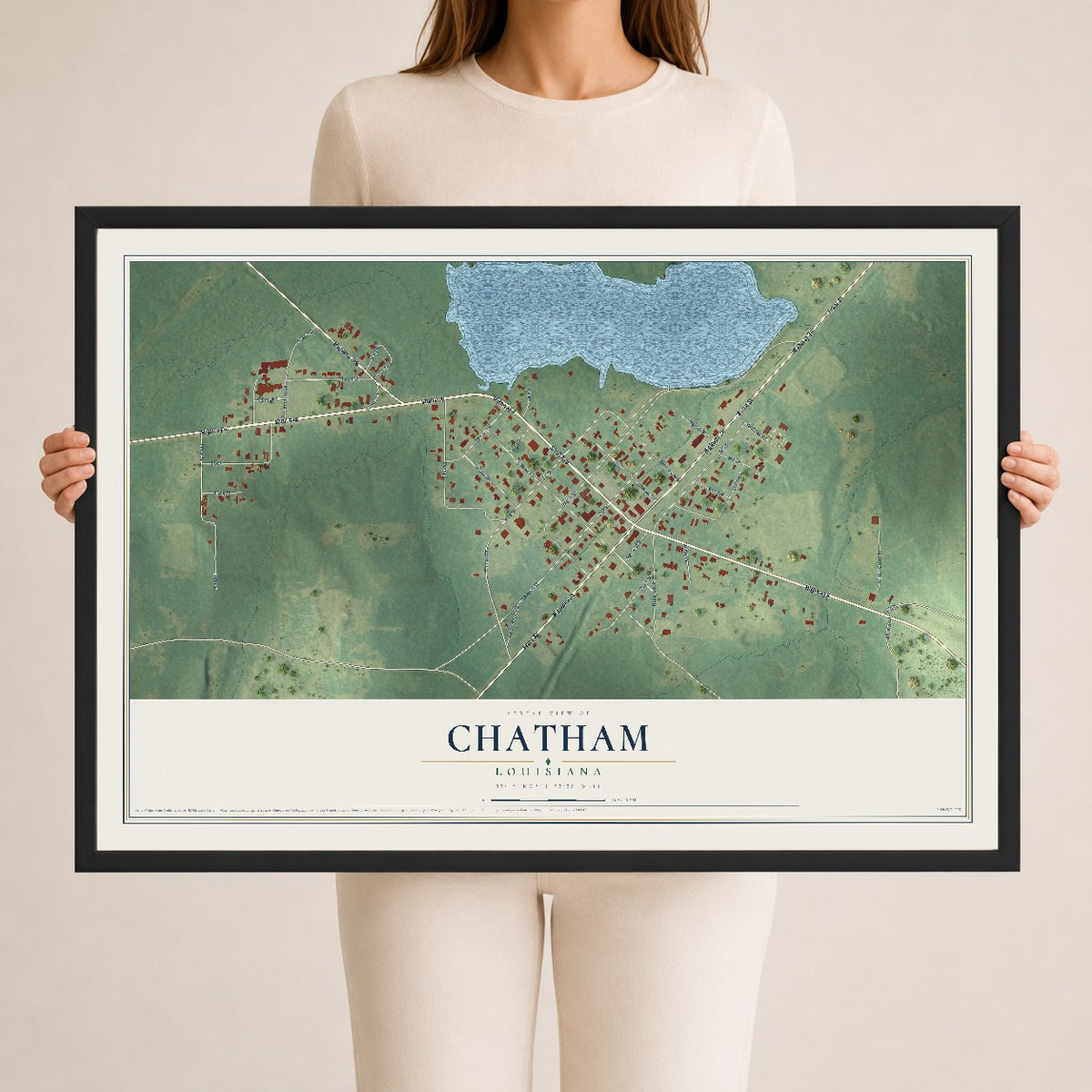 Map of Chatham, Louisiana, 24 x 36 inch print in a black wood frame