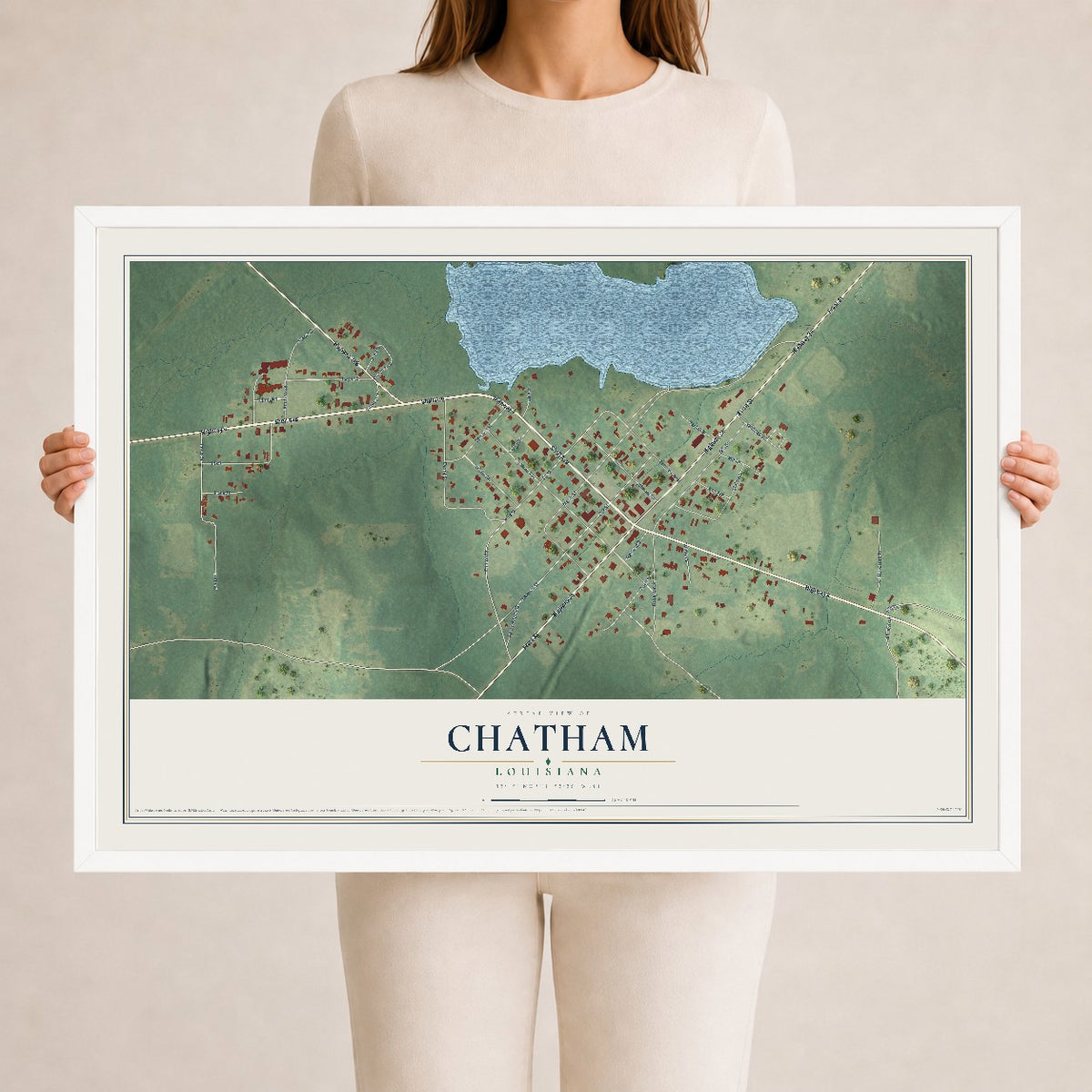 Map of Chatham, Louisiana, 24 x 36 inch print in a white wood frame