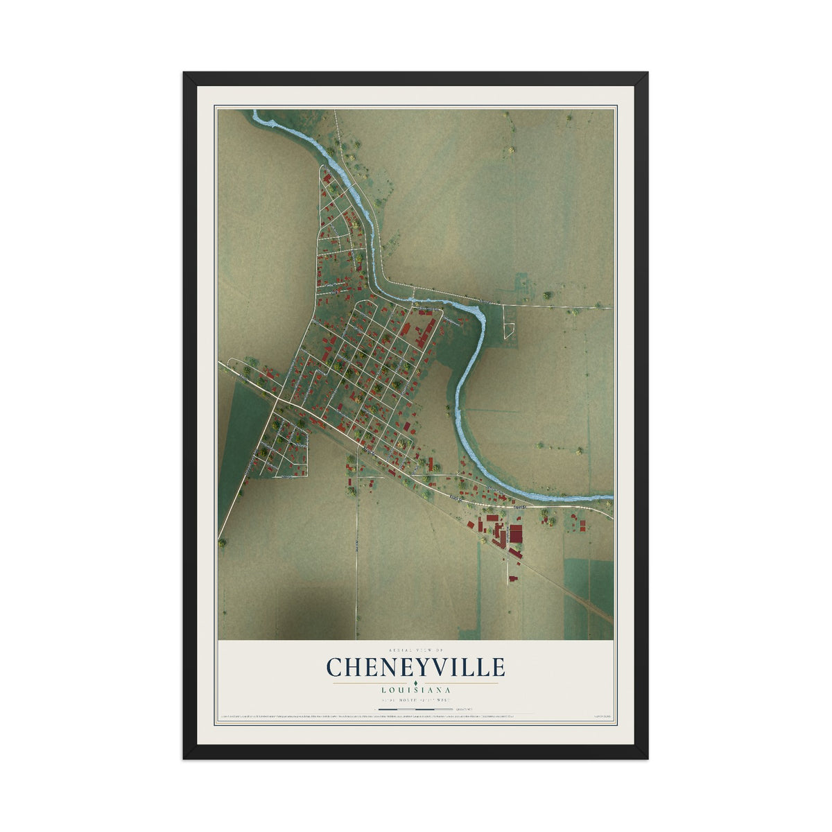Map of Cheneyville, Louisiana, 12 x 18 inch print in a black wood frame