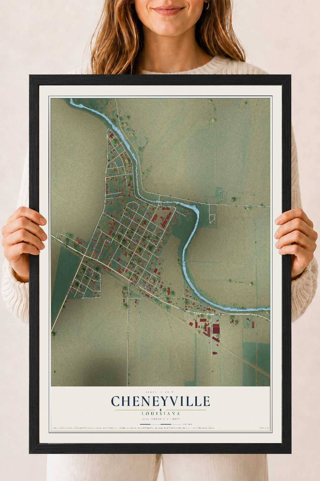 Map of Cheneyville, Louisiana, 18 x 24 inch print in a black wood frame