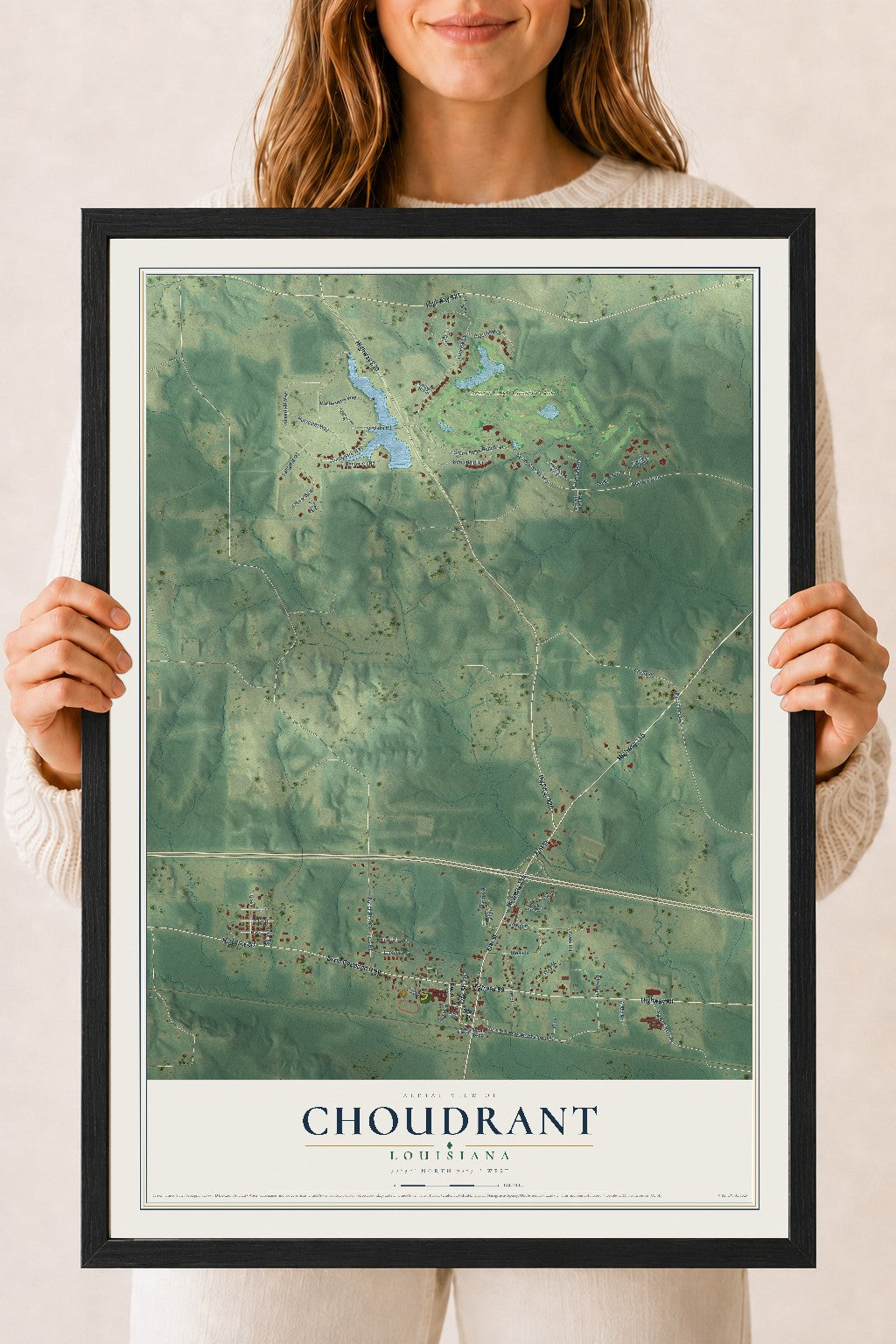 Map of Choudrant, Louisiana, 18 x 24 inch print in a black wood frame