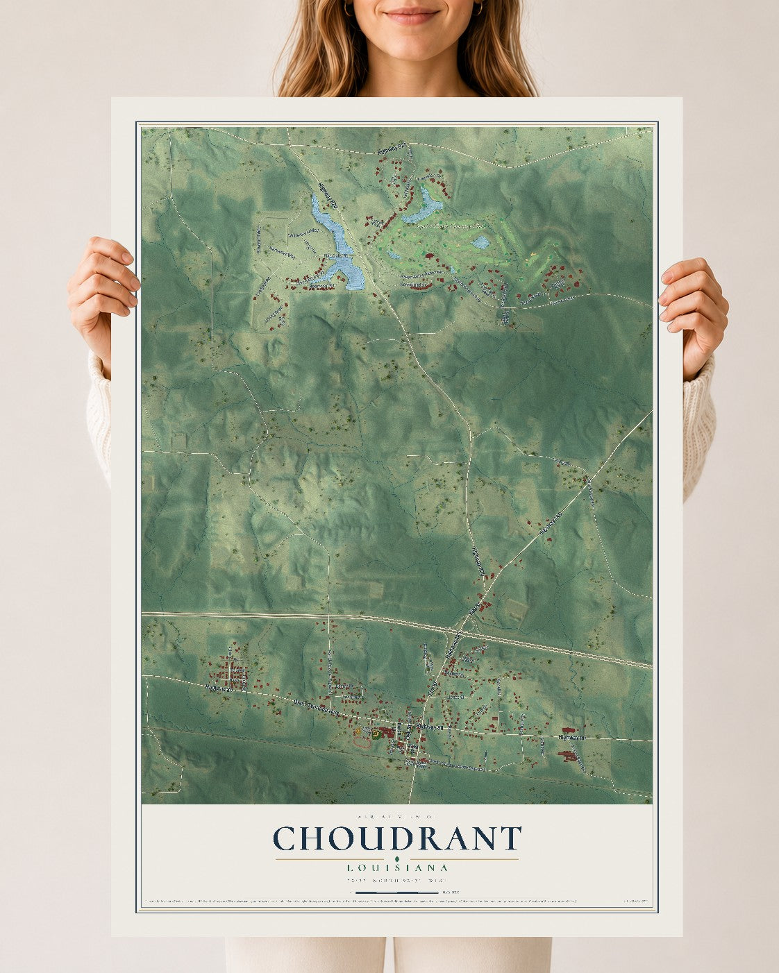 Map of Choudrant, Louisiana, 24 x 36 inch unframed archival matte print