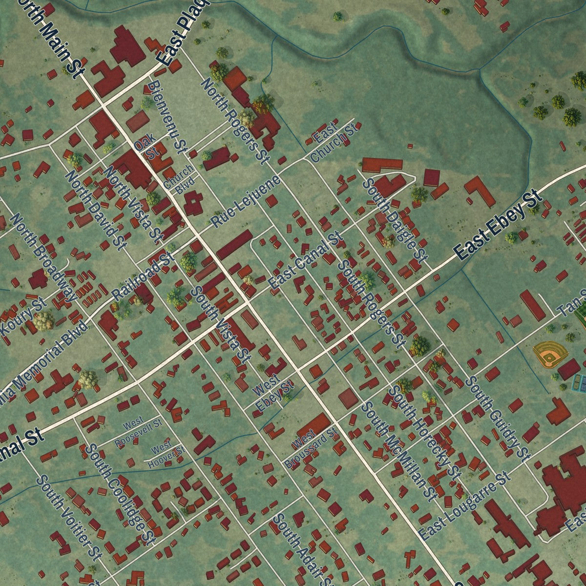 Close-up of the map of Church Point, Louisiana print showing street and building detail