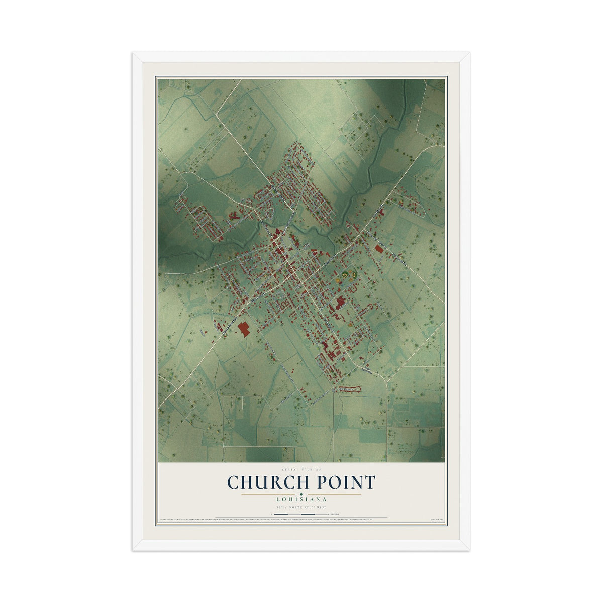 Map of Church Point, Louisiana, 12 x 18 inch print in a white wood frame