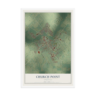 Map of Church Point, Louisiana, 12 x 18 inch print in a white wood frame