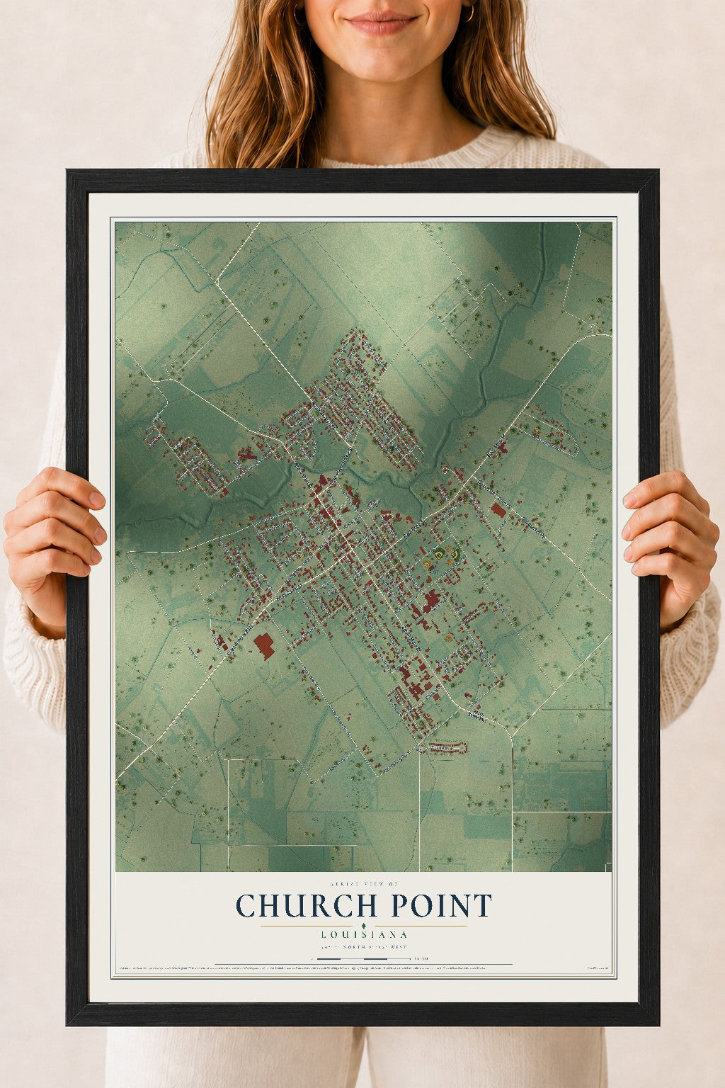 Map of Church Point, Louisiana, 18 x 24 inch print in a black wood frame