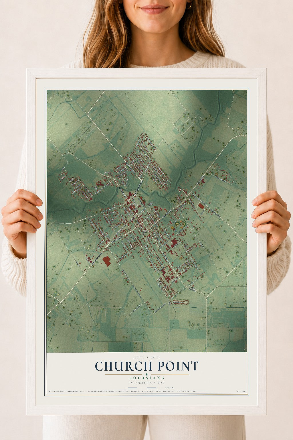 Map of Church Point, Louisiana, 18 x 24 inch print in a white wood frame