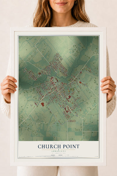 Map of Church Point, Louisiana, 18 x 24 inch print in a white wood frame