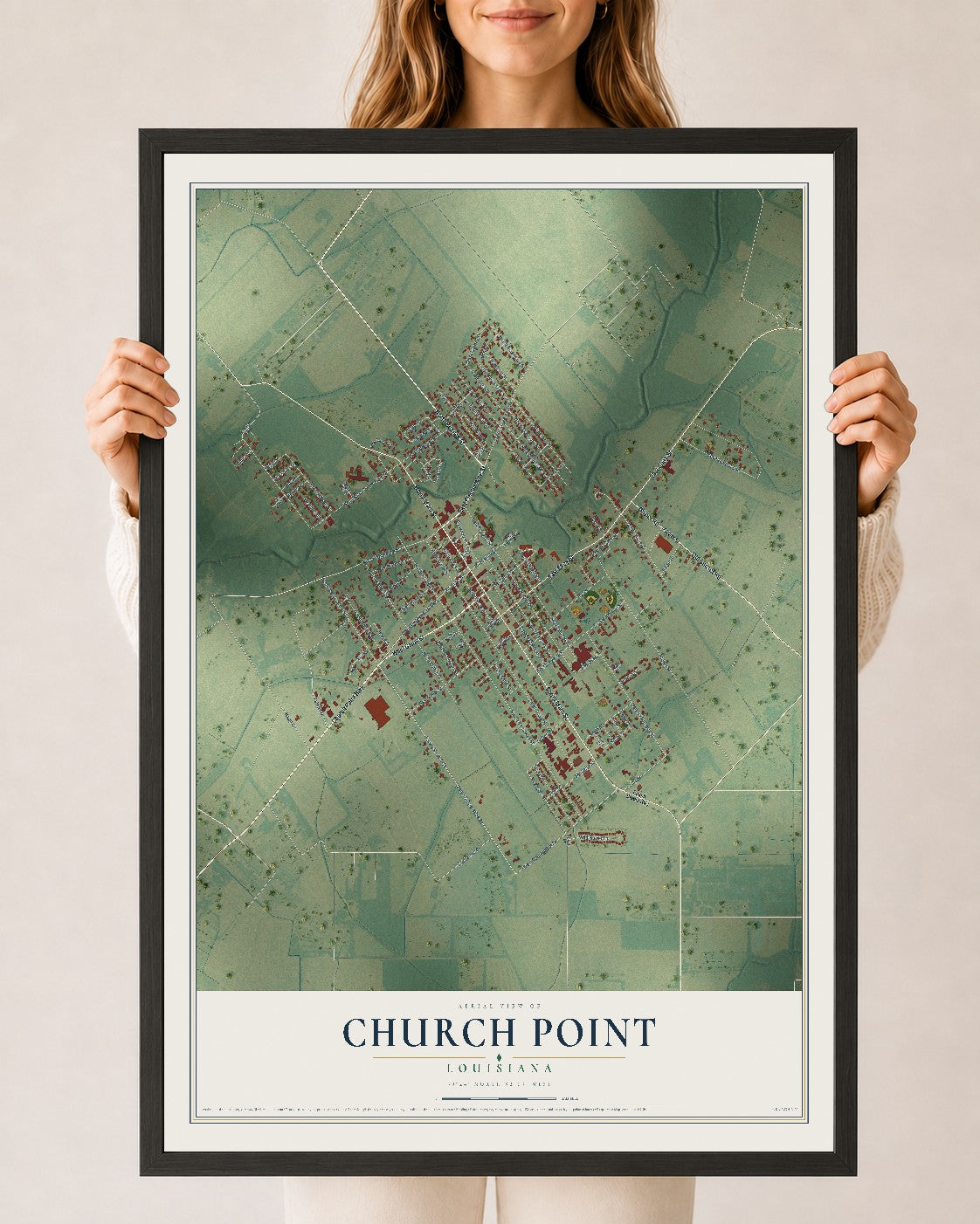 Map of Church Point, Louisiana, 24 x 36 inch print in a black wood frame